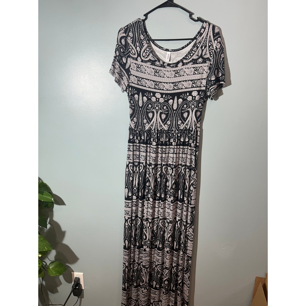 DB Moon Womens Black White Paisley Maxi Dress Large Boho Empire Waist